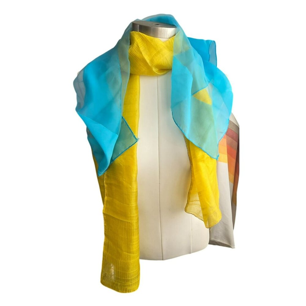 Vintage Lightweight Sheer Turquoise Blue & Yellow Scarves Set HS199